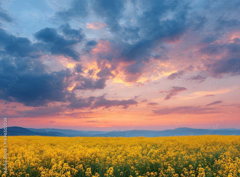 Obraz premium beautiful sky over a spring meadow with yellow flowers, blue and orange clouds.