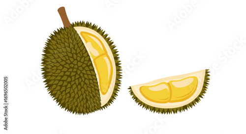 Exotic tropical fruit durian and a slice showing its creamy yellow flesh and unique texture