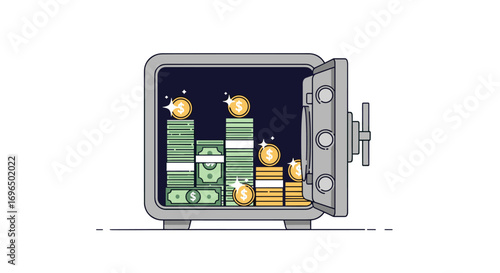 Secure vault full of increasing stacked money and gold coins growing wealth and financial security concept