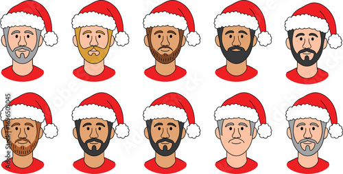 Cartoon male faces in Santa hats, Christmas avatars collection, festive bearded characters, holiday illustration, winter celebration costume icons