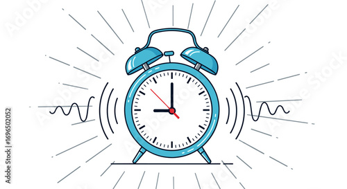 A classic blue twin bell alarm clock rings loudly with rays and sound waves emanating