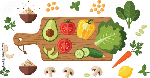Fresh, vibrant ingredients arranged on a wooden cutting board for healthy meal preparation.