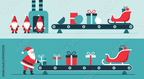 Christmas gift production line featuring santa claus and elves preparing presents for sleigh delivery