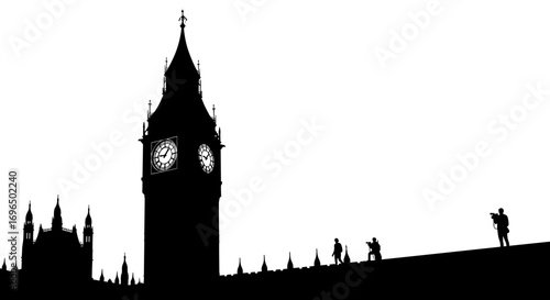Iconic clock tower silhouette against white background with small figures walking along a ledge representing london landmarks and tourism and historic architecture