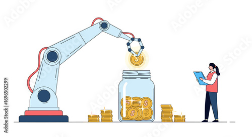 Automated financial investment robot adding coins to savings jar while person reviews data