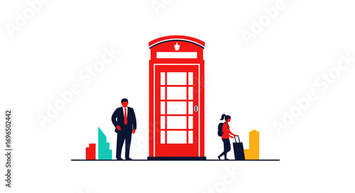 Travelers near iconic red british telephone booth with luggage embarking on journey abroad
