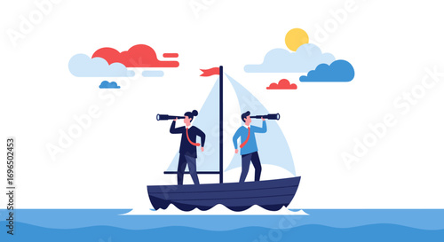 Two businessmen searching for opportunities on a sailing boat with telescopes and clouds in the sky