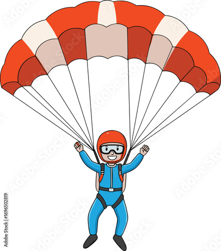 Cartoon man skydiving with parachute, happy skydiver in blue suit and helmet, extreme sport adventure illustration, vector design