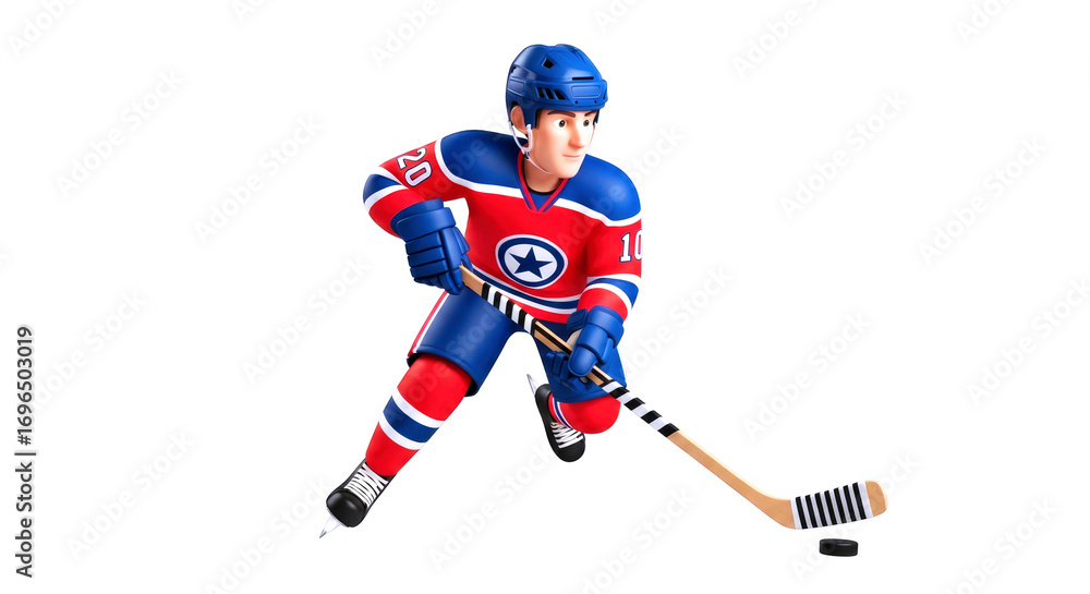 Fototapeta premium cartoon hockey player in motion dynamic gameplay, intense focus, victory shot, isolated on transparent background