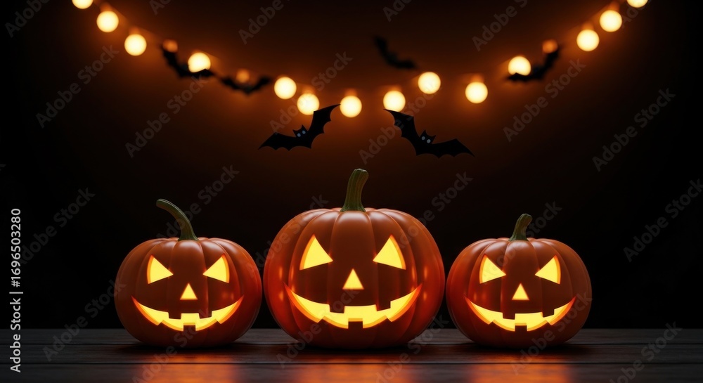 Fototapeta premium Three glowing jack o lanterns on a table with bats and lights above them