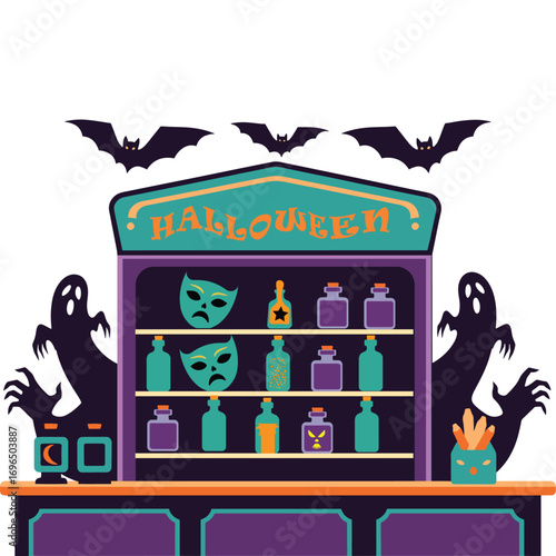 Vector art of halloween stall with masks, bottles, ghosts, and bats