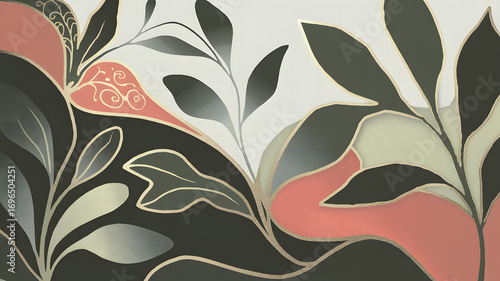A sophisticated and modern abstract floral design, featuring stylized leaves and blossoms in rich coral, deep green, and muted sage tones. AI Generated