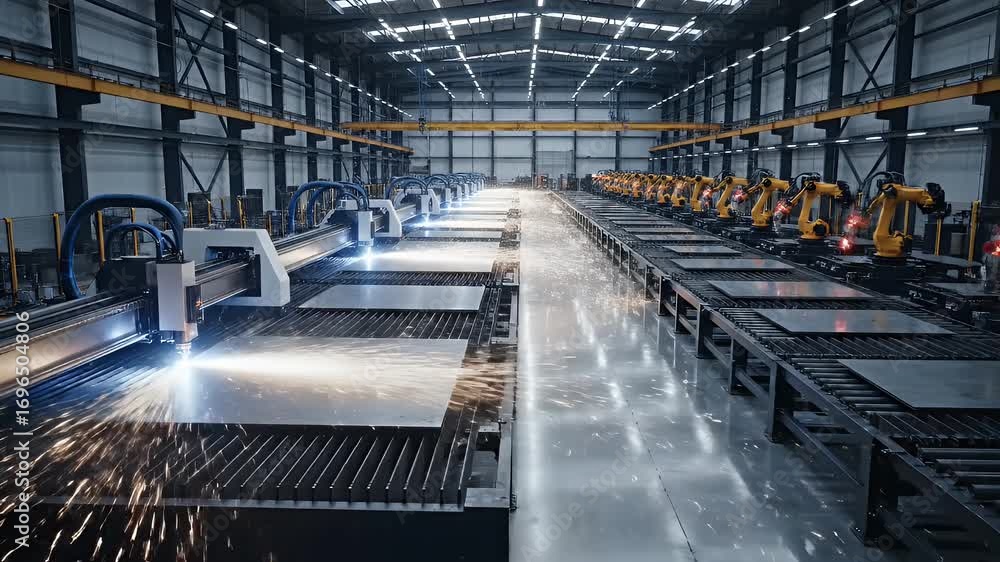 Advanced robotic arms and laser cutters operate in a futuristic industrial factory, creating sparks and precision manufacturing. Advanced robotic arms and laser cutters operate in a futuristic industrial factory, creating sparks and precision manufacturing.