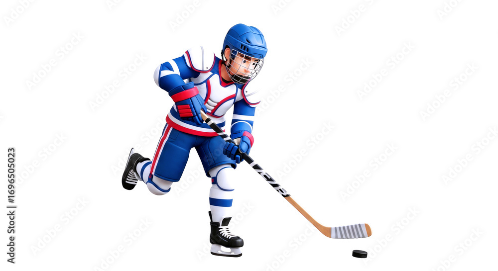 Obraz premium cartoon hockey player dynamic action pose, intense focus, 3d game asset, isolated on transparent background