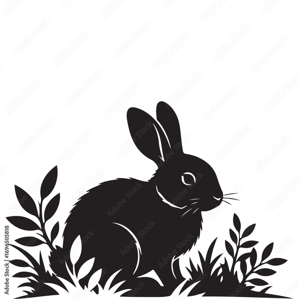 Obraz premium Black Silhouette of a Rabbit Sitting in Grass and Foliage