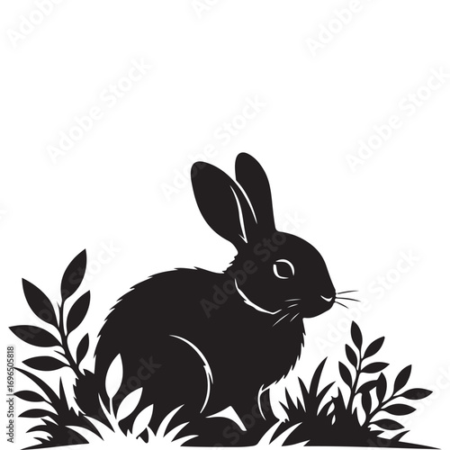 Black Silhouette of a Rabbit Sitting in Grass and Foliage