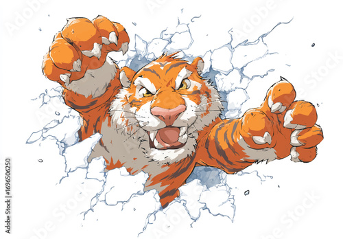 Cartoon tiger bursting through a wall with menacing expression and sharp claws showcasing power and determination