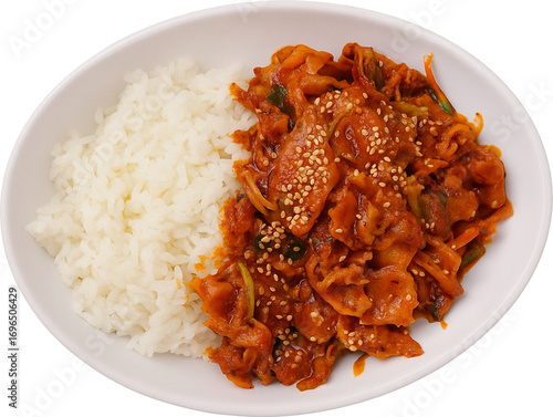 Top view of Korean spicy pork rice bowl (jeyuk deopbap) isolated PNG
