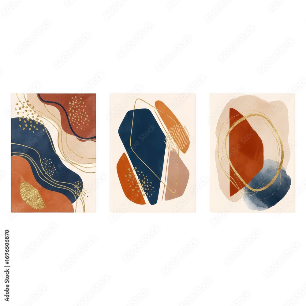 Fototapeta premium Abstract modern art composition with organic shapes and gold accents isolated on transparent background