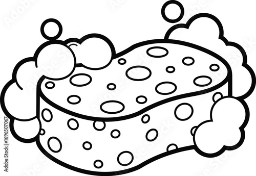 Simple line art illustration of a cleaning sponge with soapy bubbles