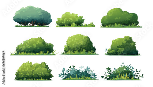 Collection of Decorative Green Bushes for Landscaping and Garden Design Elements Featuring Various Shapes and Textures