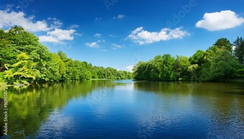 lush green trees surround a body of water topped by a clear blue sky with wispy white clouds