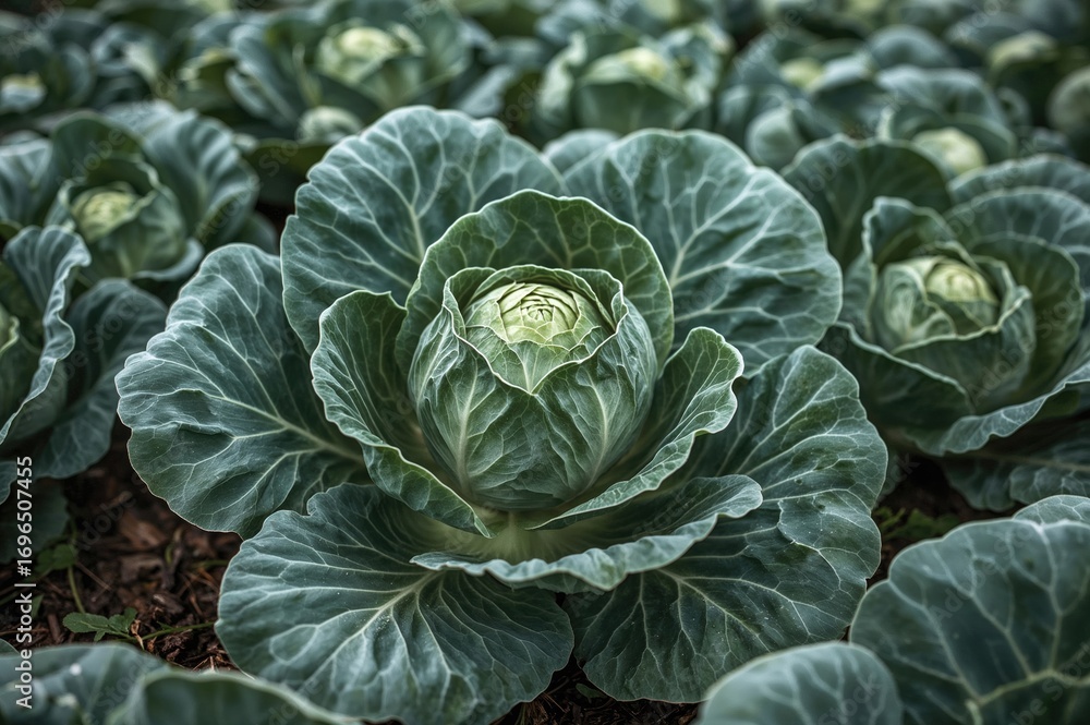 Fototapeta premium Cabbage of the Brussels sprout variety growing outdoors