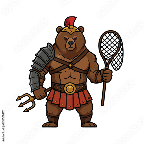 A brown bear gladiator helmeted armored and holding a trident and net It has a red skirt