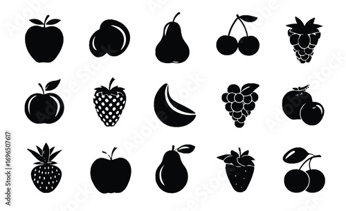 Collection of Fruit Silhouettes Including Apples Peaches Pears Cherries Raspberries Strawberries Bananas Grapes and More