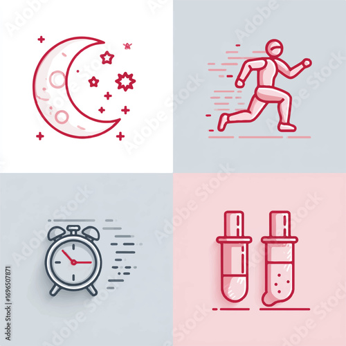 Collection of icons representing bedtime sports timekeeping and medical science showcasing different aspects of daily life