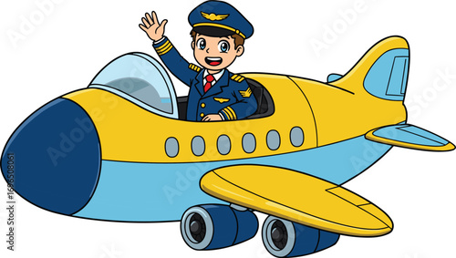 Cartoon pilot flying yellow blue airplane, waving from cockpit, aviation character illustration, cheerful pilot in uniform, children book graphic