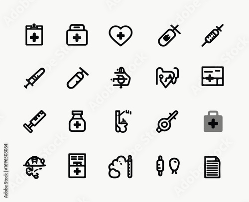 Collection of Medical Icons Representing Healthcare First Aid and Treatment Resources in Line Style