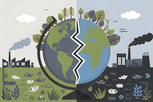 A stylized illustration of a fractured Earth, highlighting the contrasting effects of pollution and environmental degradation. AI Generated