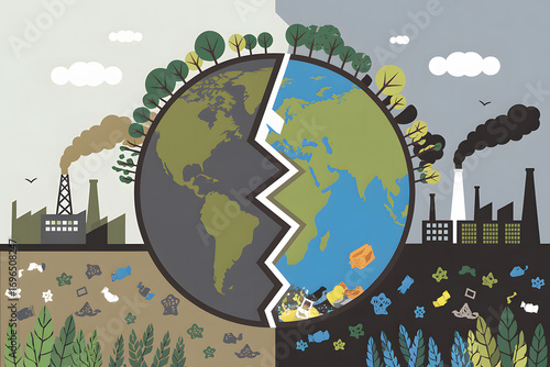 Broken Earth: A stark comparison of pollution and environmental health. AI Generated
