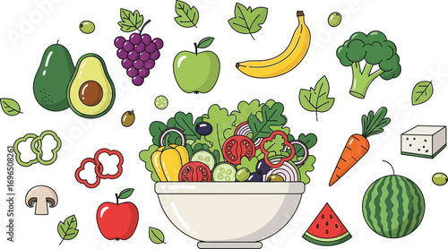 Vibrant fresh salad surrounded by assorted healthy fruits and vegetables, promoting a nutritious lifestyle.