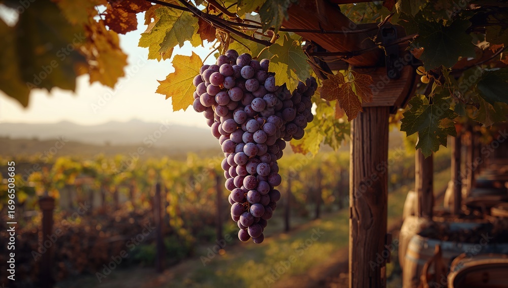 Fototapeta premium Cluster of grapes in a lush vineyard landscape
