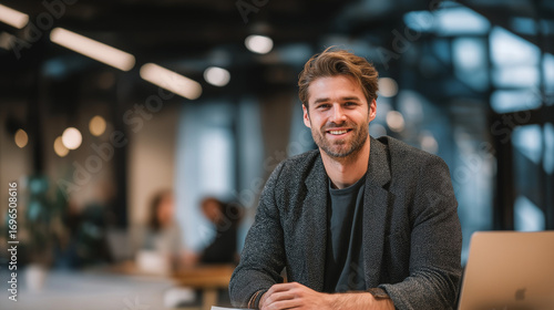 Young startup founder in casual blazer smiling in coworking space