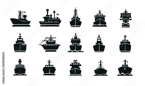 Collection of Various Vessels and Ships in Black Silhouette Style for Maritime and Nautical Themes
