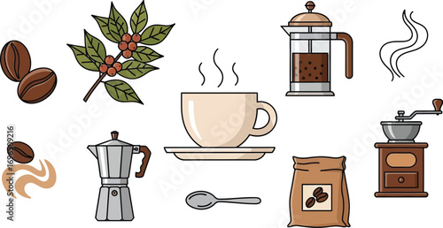 A collection of illustrated coffee-related items, from beans to brewing.