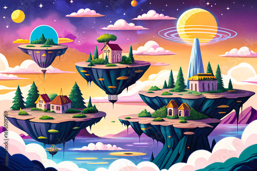 Fantasy mystical sky with floating islands, glowing magical atmosphere, surreal enchanted landscape