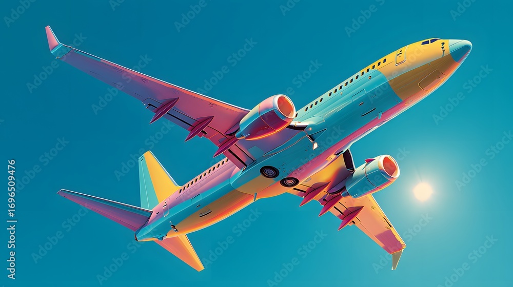 Fototapeta premium A vibrant, colorful airplane soars against a brilliant azure sky, showcasing a dynamic and cheerful design.