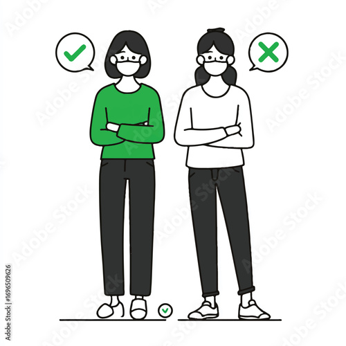 Correct and incorrect mask wearing illustration with two masked women and check and cross marks