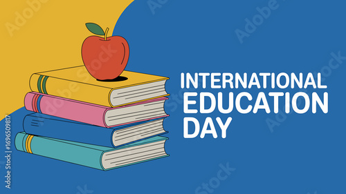 Stack of Books with Apple for International Education Day graphic for educational themes or international study concepts