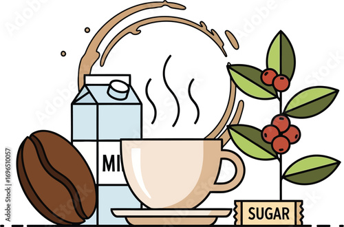 Steaming cup of coffee with milk, sugar, and bean, evoking morning ritual and aroma