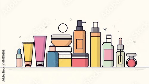 Cosmetic products vector illustration various bottles and tubes for skincare beauty routine and personal care promotion advertisement