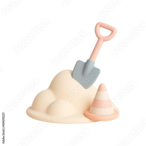Cute cartoon sand pile with shovel and traffic cone isolated on transparent background