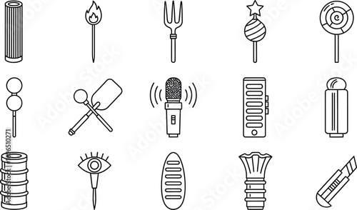 Collection of simple line art icons representing various objects and concepts for design.
