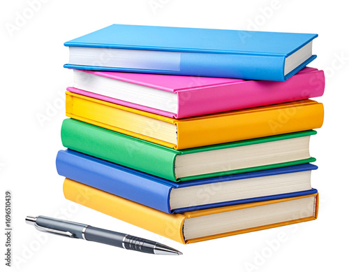 Wallpaper Mural Colorful Book Stack with Vintage Covers and Pen, Minimalist Side View PNG Torontodigital.ca