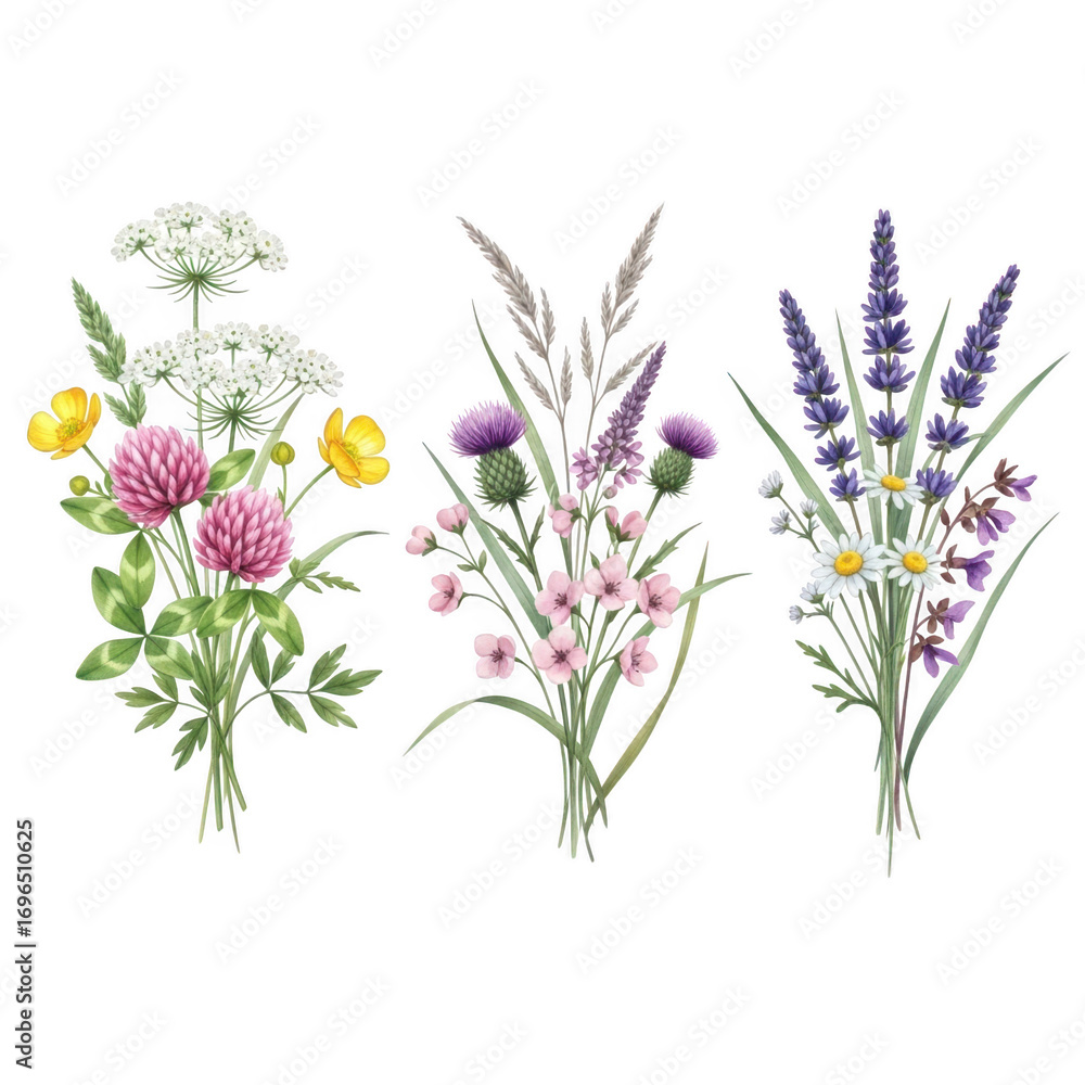 Obraz premium Watercolor wildflower bouquets isolated on transparent background