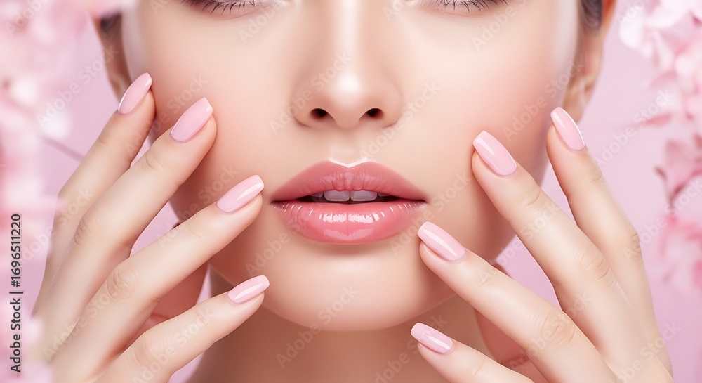 Obraz premium Close up of a woman's face and hands with pink nail polish and floral accents